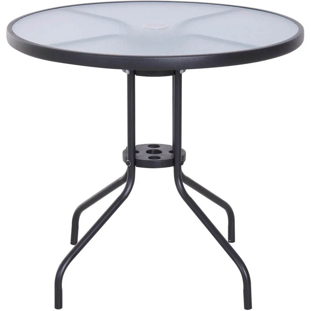 Garden table, balcony table, bistro table, garden furniture with umbrella hole, tempered glass + metal, black, Ø80 x 72 cm