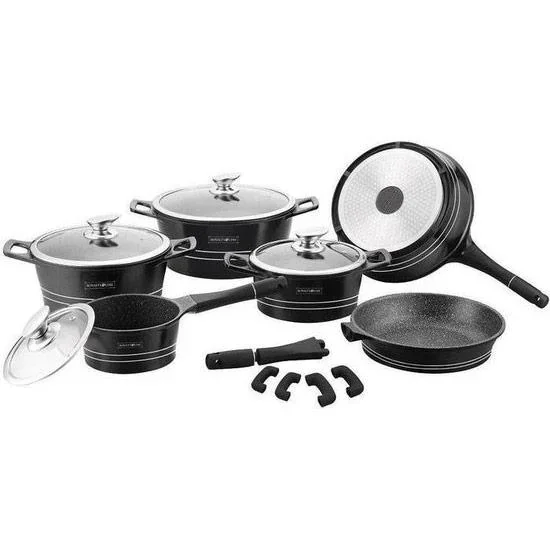 Marbled cookware set - 14 pieces - glossy black