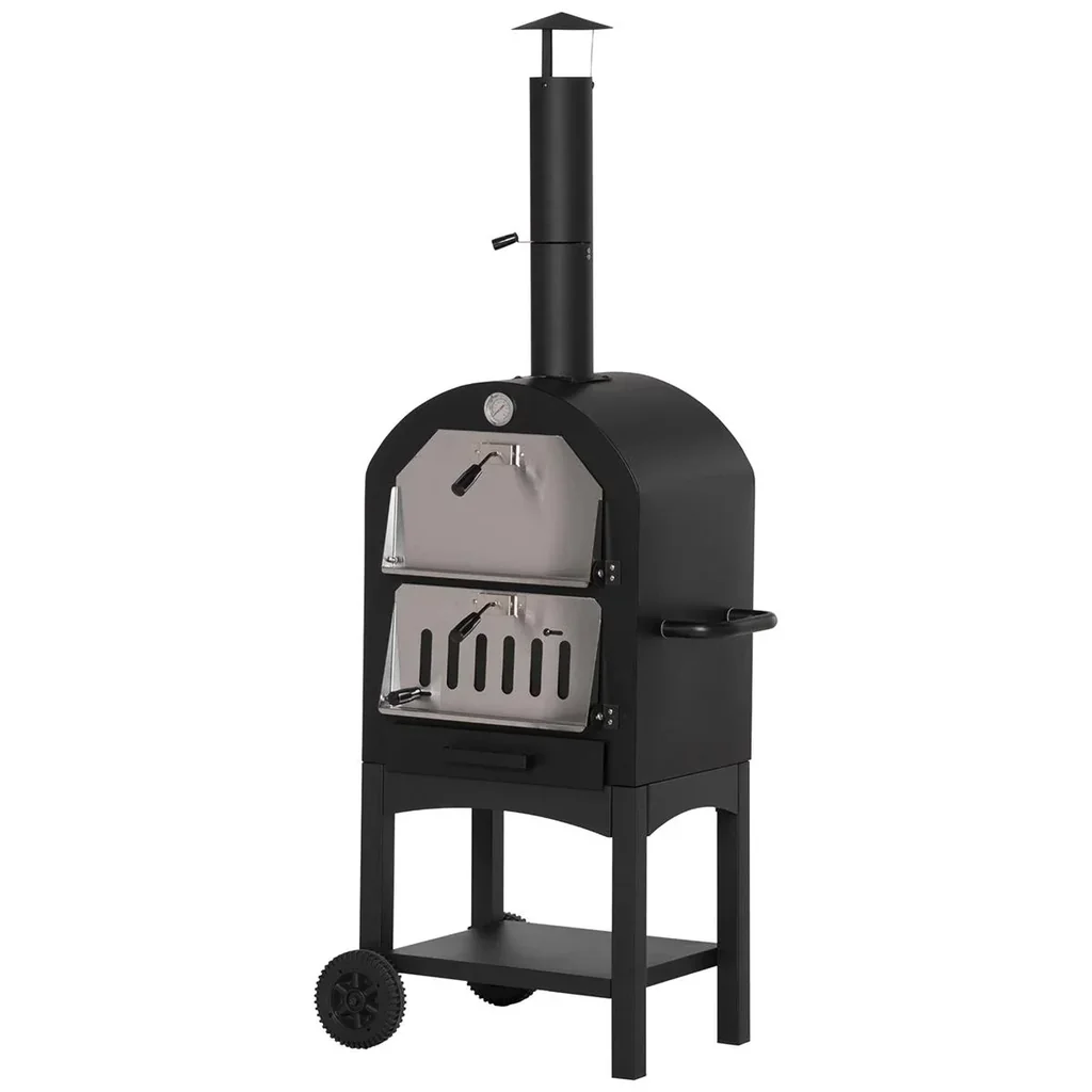 2-in-1 outdoor pizza oven with wheels, 3-tier wood-fired oven for BBQ, steel, black and silver, 63 x 54 x 161 cm