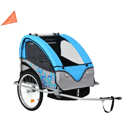 "Children's bike trailer and stroller 2-in-1 blue and grey image"