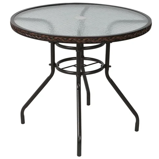 "Rattan garden table, round dining table, glass table, garden furniture, table, polyrattan + tempered glass, brown, Ø80 x 71H cm image"