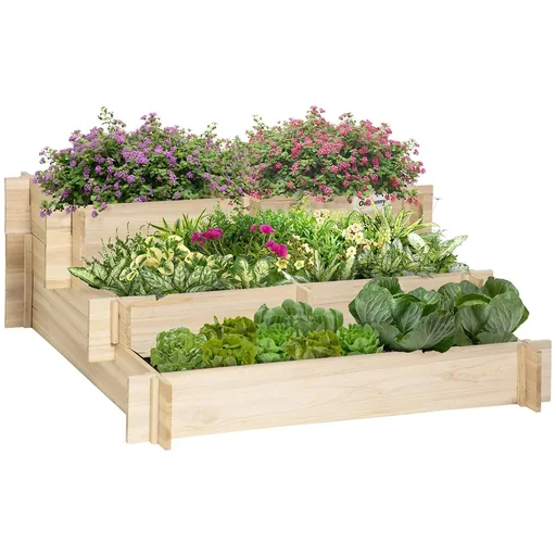 "Raised bed 3-tiered garden bed plant bed herb bed flower staircase for balcony garden natural wood 93 x 93 x 35 cm image"