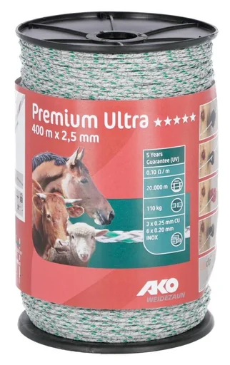 "Premium Ultra electric fence polywire, 2.5 mm, 400 m, white/green image"