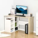 Corner desk, angled desk, PC table, computer table, office table with shelf and drawer, L-shaped chipboard, white+oak