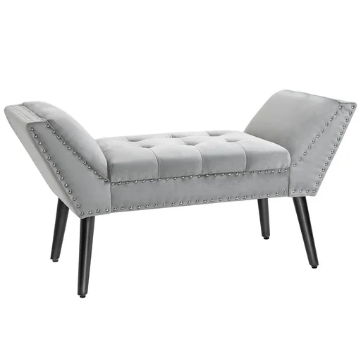 "Upholstered bench seat modern bed bench with buttons rubber wood velvet touch light grey 114 x 46 x 56 cm image"