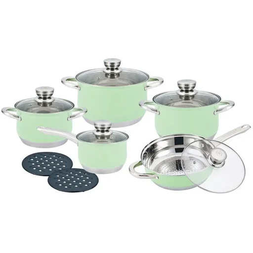 "Herenthal - Complete 12-piece pots and pans - Stainless steel - Green image"