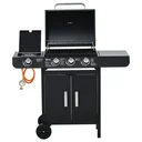 Gas grill BBQ grill cart with 3 burners 1 side burner pressure reducer hoses cabinet multifunction metal black 110