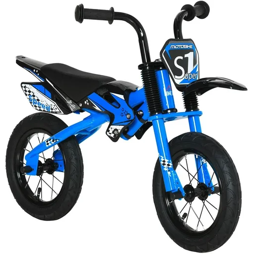 "Balance Bike Motorcycle Ø30 cm 3-6 years Air-filled tires Artificial leather saddle Blue 91 x 43 x 61 cm image"