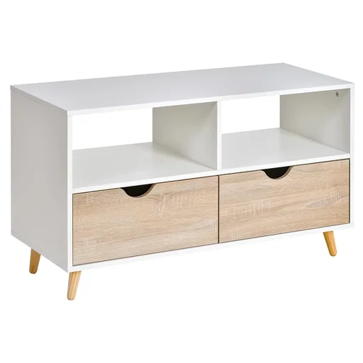"TV cabinet TV chest of drawers cabinet element with drawers and open shelves wood white + natural 99 x 39 x 58 cm image"