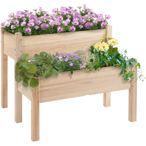 "Raised bed 2 levels cold frame herb bed planter with 8 drainage holes solid wood natural 86 x 85 x 72 cm image"