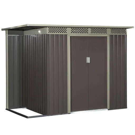 "Tool shed, garden house, tool shed with sliding door, ventilation window, pent roof, outdoor, steel, grey, 257 x 142 x 184 image"