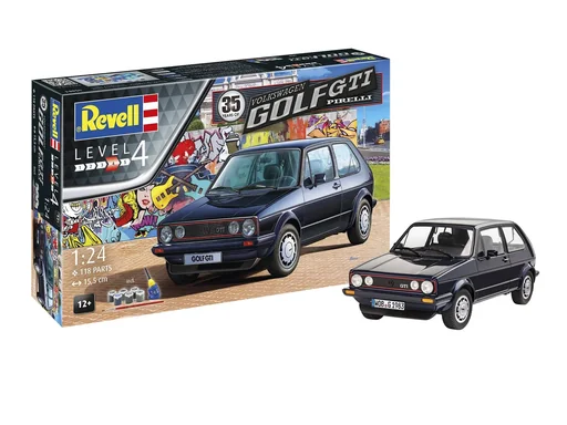""35 Years Volkswagen Golf GTI Pirelli" model kit in 1/24 scale. 118 individual parts image"
