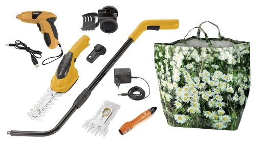 "Li-Ion cordless grass and shrub shears set with garden bag, multi-sharpener and 3.6V cordless screwdriver image"