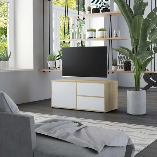 "TV cabinet 80x34x36 cm chipboard white and Sonoma oak image"