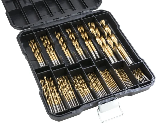 "100-piece titanium HSS drill bit assortment including 100 ml rust remover free of charge image"