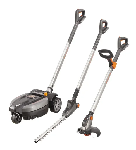 "Cordless lawn mower, cordless grass trimmer and cordless hedge trimmer in a set image"