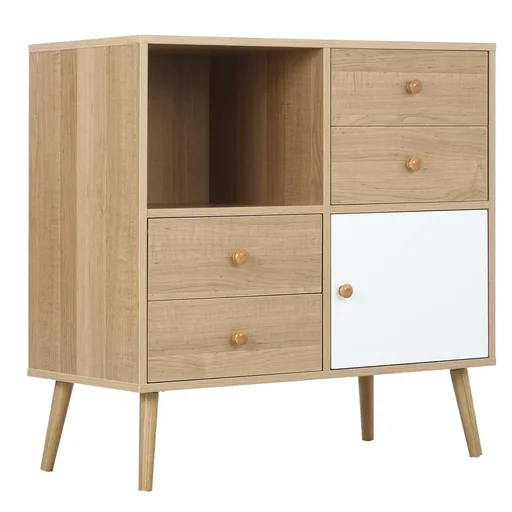 "Sideboard kitchen cabinet chest of drawers with 1 open compartment 4 drawers Scandi design natural+white 80 x 39 x 80 cm image"