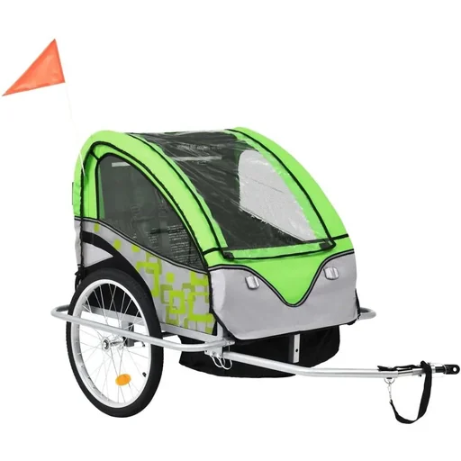"Children's bike trailer and stroller 2-in-1 green and grey image"