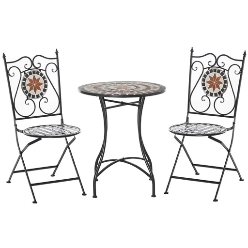 "Garden seating group 3-piece mosaic table dining group garden furniture set 1 table + 2 foldable chairs terrace metal multi-color image"