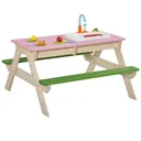 2-in-1 children's camping table with 2 benches, mud kitchen, play table with tap, wooden play table for children 3-7 years F