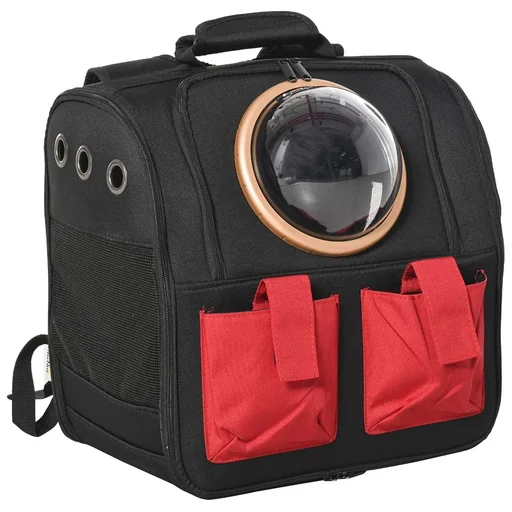 "Pet Backpacks with Transparent Window Foldable Carrier Transport Bag Oxford Fabric PE EVA Black+Red 38 x image"