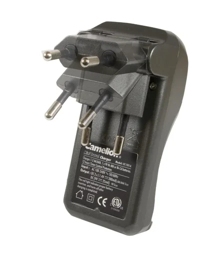 "Travel plug-in charger for 2x AA/AAA or 1x 9V, foldable plug image"