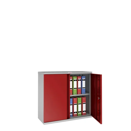 "SCL series steel storage cabinet with 2 doors and 1 shelf with key lock, grey-red image"