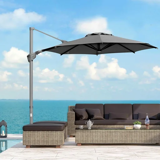 "Free-swinging umbrella with 360° rotation, with cross base, dark grey image"