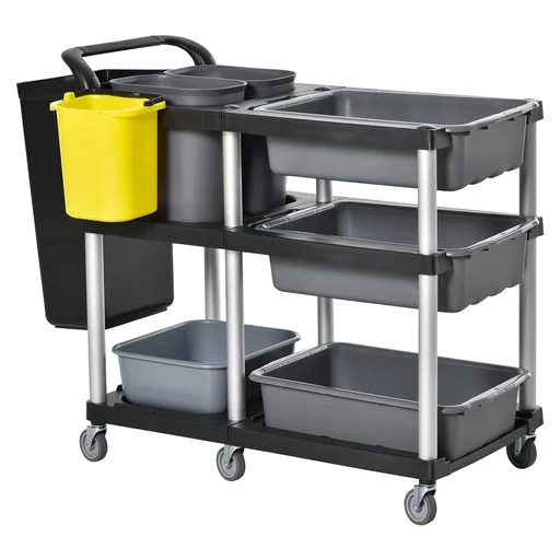 "Cleaning trolley 4 mobile buckets basin 3-level mop trolley system trolley with silent non-marking castors non-slip H image"