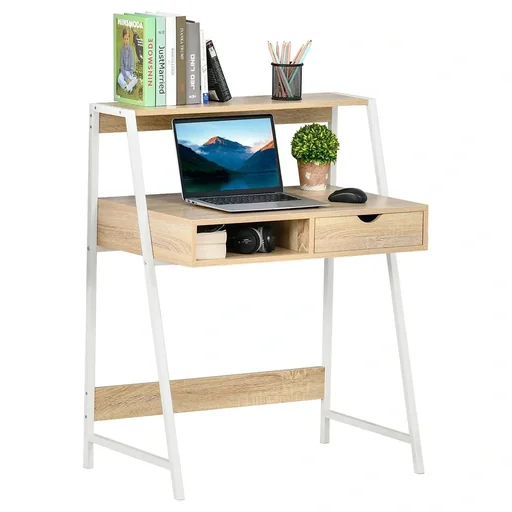 "Desk bookcase computer desk office table with drawer and shelf large storage space E1 chipboard metal frame natural image"