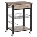 Kitchen trolley, kitchen trolley, serving trolley with shelf, drawer, wine rack, chipboard, metal, grey oak, 60 x 50 x 84.5 cm