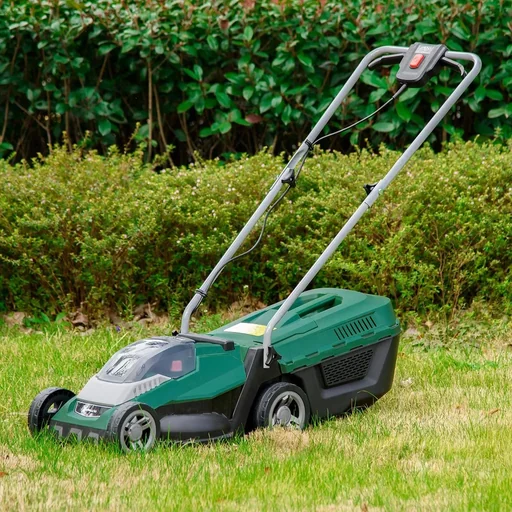 "Cordless lawn mower with 32 cm cutting width, 30 litre grass catcher, 2.5 Ah battery and charger, 120 x 38 x 98 cm image"