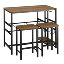 Bar table set, high table with 2 bar stools, 3-piece table set kitchen counter with bottle holder chipboard, steel, natural