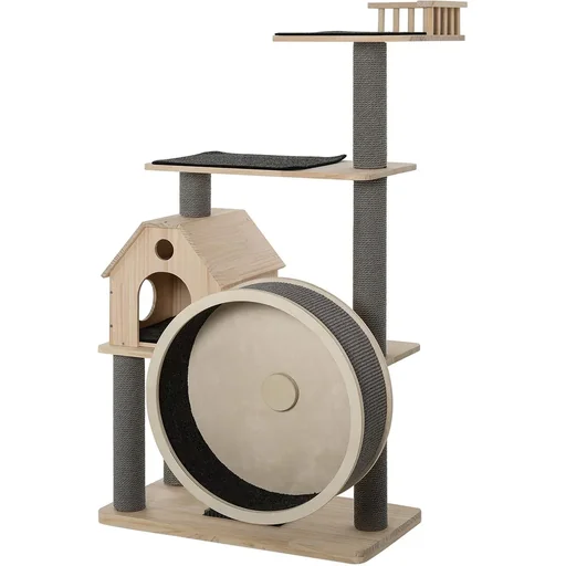 "Cat tree with exercise wheel, 4-level scratching post, cat house with sisal posts, cat cave, solid wood 80 x 50 x 143 cm image"