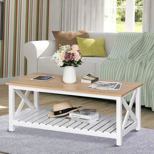 "Side table, coffee table, sturdy tea table, living room table, farmhouse style, MDF, natural + white, 116 x 60 x 48 cm image"