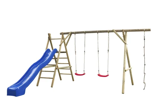 "Noortje round wood double swing with climbing rope, stairs and slide in blue image"