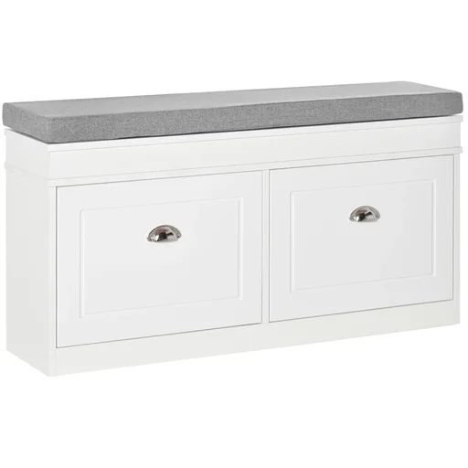 "Shoe rack shoe bench with cushion and 2 drawers chipboard MDF polyester foam white+grey 104 x 24 x 55 cm image"