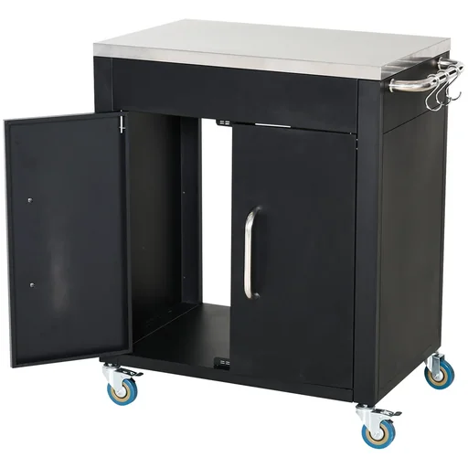 "Stainless steel kitchen cart with kitchen cabinets, black image"