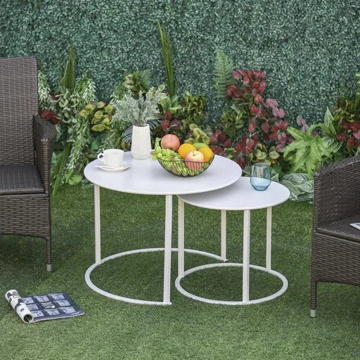 "Side table, set of 2, garden coffee table, coffee table with raised edges, living room, metal white, Ø70 x 50 cm image"