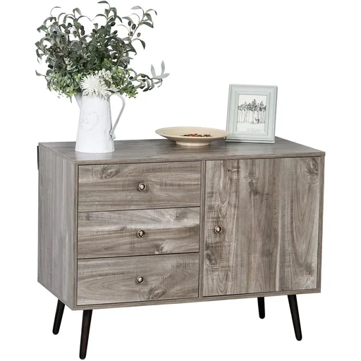 "Sideboard chest of drawers side cabinet bookcase standing cabinet with door and 3 drawers, pine, grey wood grain, 102 x image"