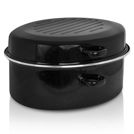 "Enamel goose roaster with chrome rim and drip lid, black, 10 liters image"