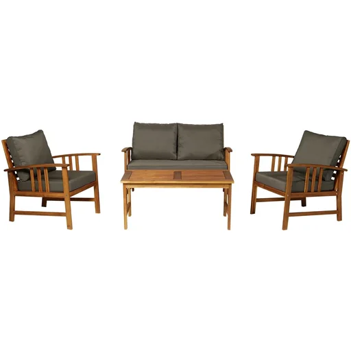 "Set of 4 garden furniture wooden seating group lounge with cushions table armchair brown 3 4 people image"