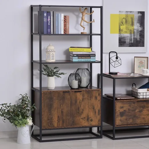 "Bookcase standing shelf office shelf filing cabinet kitchen shelf 3 shelves with 1 cabinet industrial design E1 chipboard metal frame image"