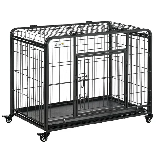 "Dog cage foldable transport cage with wheels 2 lockable doors and removable tray metal grey+black 94 x 58 image"