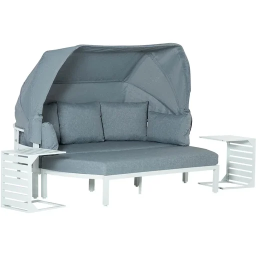 "4-piece garden furniture set including sofa with roof, side table, and bench, aluminum gray/white image"
