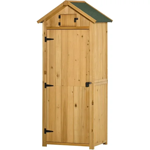"Garden cabinet, garden house, tool shed, tool shed with shelves, asphalt roof, window, wood, yellow+green, 77 x 54.2 x 179 cm image"