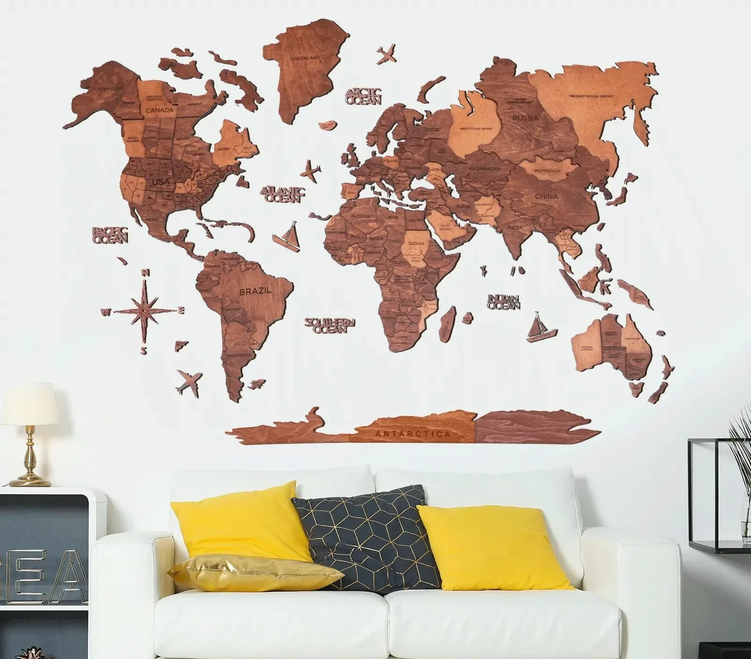 "Drewniana mapa świata, mapa świata, mapa świata dekoracja ścienna 3D - Enjoy The Wood, Oak Prime, Rozmiar mapy świata: Xl image"