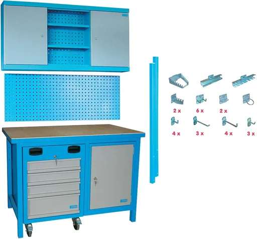 "Workbench SET MEGA 31 pieces, workbench, tool wall, pegboard and accessories image"