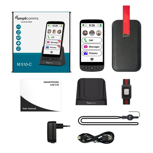 "Senior Smartphone M510-C with charging cradle, SOS bracelet and protective case image"