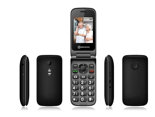 "Mobile phone PowerTel M6750 foldable, SOS button and charging cradle image"